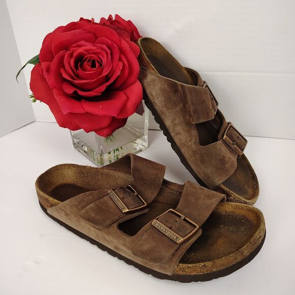*Flaw* Birkenstock Women's Brown Natural Leather Big Buckle Golf Arizona Sandals - Picture 1 of 8